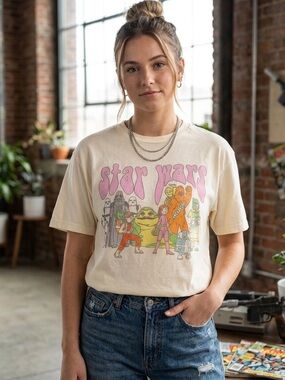 Star Wars Cream Short Sleeve Graphic Tee with Pink Logo